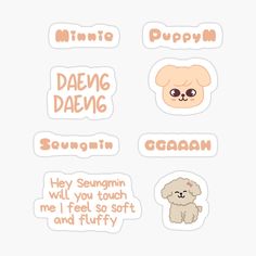 four stickers with different types of dogs and cats on them, including the words