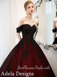 This gorgeous gown made with high quality materials and stunning details. The dark red/burgundy satin dress coming with black chiffon overlay.  The fitted beaded bodice with beautiful lace up corset open back, and complete with multi layered skirt.  The dress in picture is styled with a petticoat underneath.  *The dress price is not included a petticoat, if you need a petticoat please send me a private message, I will give you a new quote.  *The dress can be completely made within 6-8 weeks.  Pl Dark Red Ball Gown, Black Lace Ball Gown, Burgundy Satin Dress, Salem Wedding, Goth Wedding Dresses, Hoop Petticoat, Black Wedding Dress Gothic, Romantic Gown, Formal Ideas