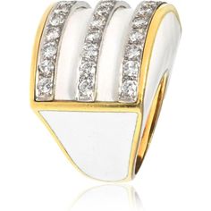 Engage with the symphony of style and sophistication in the stunning Platinum & 18K Yellow Gold White Enamel Diamond Cocktail Ring. This masterpiece combines the timeless allure of platinum with the warmth of 18K yellow gold, creating a breathtaking canvas for the dazzling display of diamonds. The ring features three meticulously crafted rows, each lined with round-cut diamonds totaling 3.00 carats. These gemstones are set against a striking white enamel backdrop, which accentuates their radiant White Luxury Enamel Ring For Formal Events, Elegant White Enamel Ring For Anniversary, Elegant Enamel Rings With Polished Finish, Formal White Enamel Rings, Elegant Yellow Gold Enamel Ring With Diamond Accents, Luxury White Diamond Ring For Formal Occasions, Elegant Formal Enamel Ring With Polished Finish, Elegant Enamel Ring With Polished Finish For Formal Occasions, Elegant Enamel Diamond Ring