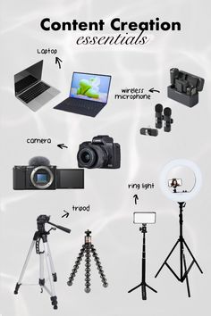 the contents of a camera, tripod, laptop and other items to be used for photography