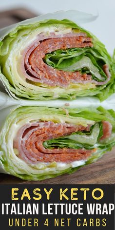 an easy keto italian lettuce wrap is cut in half and stacked on top of each other