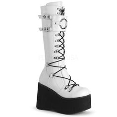 KERA-2004 1/2" PFSize: 6-114 1/2" (114mm) Platform D-Ring Lace-Up Knee High Boots Featuring Adjustable Shield w/ an Oversized O-Ring, Full Length Back Metal Zip Closure ******Please note******Discount codes do not apply to Pleaser Brand ItemThese ship direct from Pleaser and size availability does varyRefund will be issued if your size or color is not availablecontact us with any questions or concerns before ordering or if your size is not listed it may have come in so check with us! yougogirl@r 10 Inch Platform Boots White, White Lace-up Platform Boots With Chunky Platform, White Medium Width Ankle-high Platform Boots, Goth Platforms, Gothic Gloves, Gothic Platform Knee-high Boots For Alternative Fashion, Plus Size Boots, Gothic Platform Knee-high Boots, Pu Boots