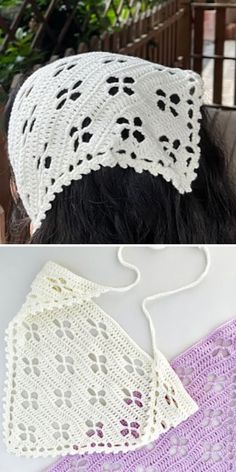 crocheted lace is shown on top and bottom of a woman's head