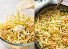 two pictures side by side one has coleslaw and the other has carrots