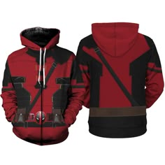 a red and black hoodie with the image of deadpool on it