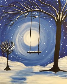 a painting of two trees and a swing in the snow with a moon behind them