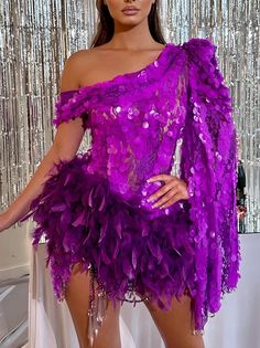 Size: L Minna Fashion, Mini Gown, Socialite Style, Feather Skirt, Luxury Party, Dress Luxury, Purple Feather, Performance Dresses, Sequin Party Dress