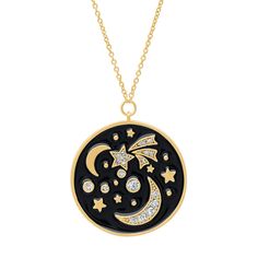 This medallion-style enamel necklace has all the sparkle and shine it needs to become your new fave. Made from gold-plated brass with a delicate 16" - 18" extendable chain, featuring a CZ and black enamel 1" diameter galaxy pendant, it's ready to ride with you to the moon and back! Gold-plated brass 16" - 18" extendable chain 1" diameter pendant with CZ and enamel design Style No. TN-1924 (G) 3 weeks - Made in Thailand Astra Core, Monogram Pendant Necklace, Tai Jewelry, Galaxy Pendant, Galaxies Wallpaper, Star Necklace Silver, Gold Coin Necklace, Stars Moon, Round Pendant Necklace