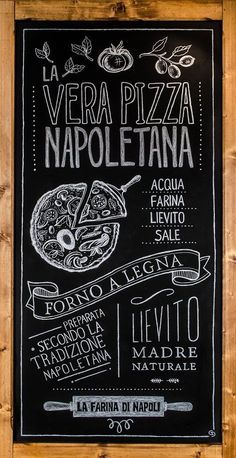 a chalkboard sign with italian food written on it and other words in the background