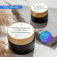 "Set of 6 Round Body Butter / Cosmetic Jar Label Templates - This set of templates for cosmetic jar labels offers customizable text, font, font color, and background color to allow you to personalize the design for your brand. These circle labels include 2 size options: 2 x 2\" and 2.5 x 2.5\". Choose from 6 unique designs for your round skincare jar label. These designs are easily customized to fit your brand and your customers will love the finished product! These round labels work great for body butters, cream, balm, or even scrubs.  This label template is customizable in Canva, an online template editor that can be accessed directly through your web browser without the need to download any additional software or fonts. You will be able to access your template(s) within minutes of purch Skincare Label, Circle Labels, Round Labels, Body Balm, Diy Skincare, Jar Labels