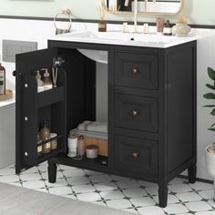 a bathroom with a sink, mirror and toiletries in front of the counter top