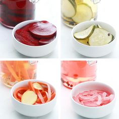 four pictures show different types of pickles in bowls and jars with liquid inside them