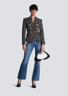 Women’s Designer Jackets and Blazers | BALMAIN Womens Tweed Jacket, Denim T Shirt, Polo Sweatshirt, Tweed Blazer, Boot Pumps, Jacket Design, Tweed Jacket, T Shirt Top, Sneaker Boots