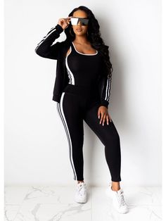 This Women's Striped Hooded Collar Three-Piece Jogging Suit is perfect for an on-the-go lifestyle! This stylish and comfortable set features a black and white striped hoodie, matching joggers, and a comfortable cropped tank. Escape the everyday and enjoy some well-deserved comfort! Color: Black, Light Blue, Light Green Size: S，M，L，XL，2XL Decoration: Striped Length: Long Wash & Care: Hand Wash, Machine Wash Neckline: Hooded Collar Sleeve Length: Long Sleeve Sleeve Type: Regular Sleeve Closure Type: Zipper Up Fabric: Polyester Fits Type: Skinny Season: Spring, Autumn Trends: Body Vibe Weight:850g Inches Size S M L XL 2XL Bust 34.65 36.22 37.80 39.37 40.94 Waist 32.28 33.86 35.43 37.01 38.58 Top Length 25.59 25.98 26.38 26.77 27.17 Sleeve 22.83 23.23 23.62 24.02 24.41 Shoulder 14.17 14.57 14. Fitted Hooded Sports Sets, Casual Workout Sets For Winter, Sporty Fitted Hooded Set, Sporty Winter Sports Sets, Winter Gym Sportswear Sets, Athleisure Hooded Winter Sets, Sporty Hooded Sports Set, Sporty Hooded Sportswear Set, Sporty Leisure Sets For Winter