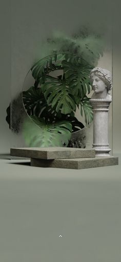 a statue is next to a plant in a glass vase on a pedestal with a mirror behind it