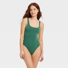 Women's 4-Way Stretch Tank Bodysuit - Auden™ Green XL Spaghetti Strap Bodysuit, Winter Guard, Green One Piece, Red One Piece, Red Bodysuit, Tank Bodysuit, Solid Green, Cotton Bodysuit, Green Tank