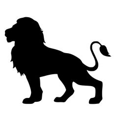 a black and white silhouette of a lion with its tail curled up in the wind