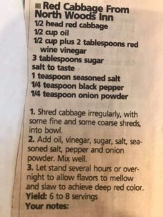 the recipe for red cabbage from north woods inn