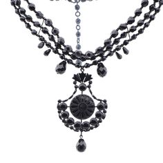 Czech jet black mourning glass choker necklace and pendant Formal Black Bead Choker Jewelry, Formal Black Beaded Choker Jewelry, Formal Black Beaded Choker, Black Enamel Pendant Necklace For Evening, Black Onyx Choker Jewelry, Elegant Black Pendant Choker, Victorian Black Choker Jewelry, Black Choker For Evening, Black Choker For Evening Wear