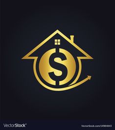 a gold dollar sign in the shape of a house on a black background with an arrow