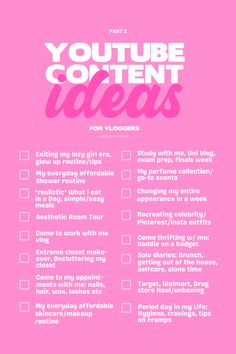 A pink graphic with white lettering that displays two eight-item columns of YouTube content ideas for vloggers Youtube Blog Ideas, Youtuber Content Ideas, Trending Youtube Video Ideas 2023, Yt Videos Ideas, Youtube Starter Tips, Content Ideas Youtube, Fitness Youtube Ideas, Q&a For Youtube, Youtube Needs