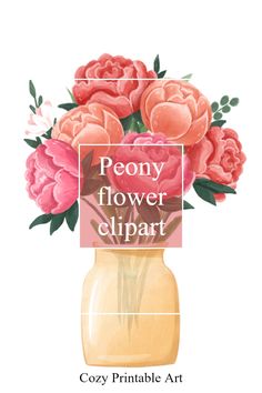 a vase filled with pink flowers sitting on top of a white table next to a sign that reads, peony flower clipart