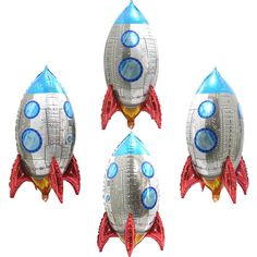 three silver and red foil rocket shaped balloons with blue eyes on each one, set against a white background