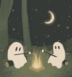 two ghost sitting next to each other in front of a campfire with marshmallows