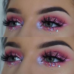 Carnaval Make-up, Pink Glitter Makeup, Fantasy Make-up, Maquillage Yeux Cut Crease, Pink Eye Makeup, Rave Makeup, Barbie Makeup, Glitter Eye Makeup, Eye Makeup Designs