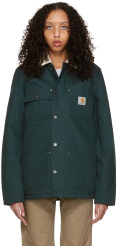 Green Fairmount Jacket by Carhartt Work In Progress on Sale Jacket Outfit Women, Carhartt Work In Progress, Canvas Jacket, Work In Progress, Jacket Outfits, Patch Logo, Varsity Jacket, Cotton Canvas, Barrel