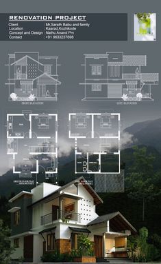 an architectural rendering of a house in the mountains with blueprints and drawings on it