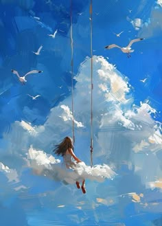 a painting of a girl swinging on a rope with seagulls in the background