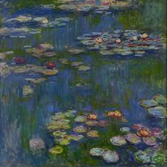 an oil painting of water lillies and lily pads on a blue pond with green grass