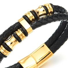 Color: blackFeatures: Metal: Stainless Steel; Material: Black Leather Finishing: Polished Dimension: length: 21CM(8.27"); Width: 1.5CM(0.59"); Weight: 29.9g Package: Jewelry Box with Brand Name COOLSTEELANDBEYOND Item Condition: New Luxury Black Braided Bracelet As Gift, Black Luxury Braided Bracelets As Gift, Adjustable Black Metal Braided Bracelet, Elegant Faux Leather Jewelry For Party, Black Metal Wrap Bracelet For Gift, Gold Leather Bracelet As Fashion Accessory, Trendy Black Party Wristband, Adjustable Gold Leather Bracelet, Elegant Black Metal Wrap Bracelet