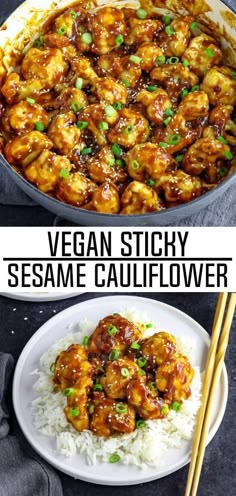 two pictures with the words vegan sticky sesame cauliflower