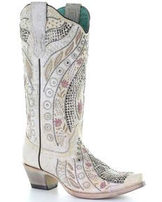 Corral Women's Crystal Floral Embroidery Western Boots - Snip Toe, Ivory, hi-res Round Toe Cowboy Boots, Womens Cowboy Boots, Shyanne Boots, White Cowboy Boots, Wedding Boots, Corral Boots, Ariat Boots, Studded Boots, Leather Floral