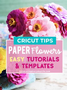 paper flowers with text overlay that reads cricut tips paper flowers easy florals and templates