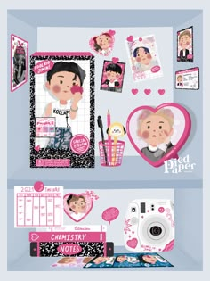 an assortment of valentine's day items including a camera, calendar and other decorations