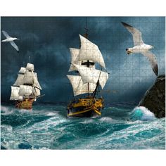 three ships in the ocean with birds flying over them and one is missing its sails