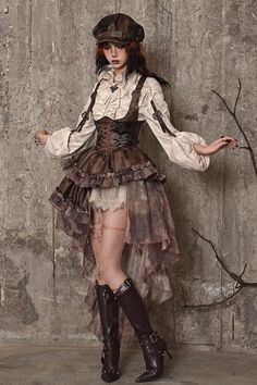 Steampunk Mode, Steampunk Outfits, Moda Steampunk, Rok Midi, Mode Steampunk, Sandal Tali, Halloween Idea, Steampunk Dress, Corset Outfit