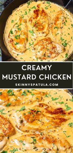 creamy mustard chicken in a skillet with parsley on top and the words, creamy mustard chicken