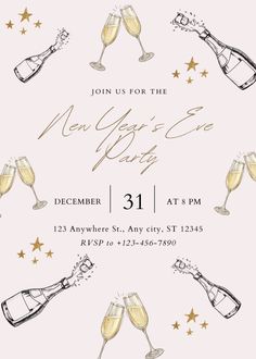 a new year's eve party with champagne glasses and stars in the background on a white card