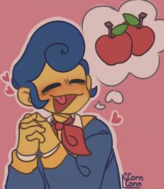 an image of a cartoon character with two apples in the air above him and his hand up to his mouth