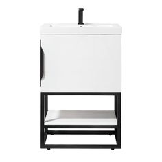 a white bathroom vanity with black legs and a sink in the middle, against a white background