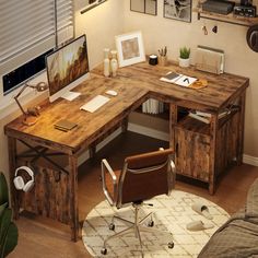 an office desk with headphones on it in a living room next to a couch