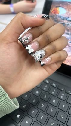 #nails Couple Initial Nails, Black Junk Nails Short, Nail Ideas Short Black, Short Junk Nail Designs, Black Junk Nails, Junk Nails Short, I Love Me Nails, Short Nails With Charms, Junk Nails