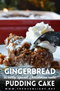 a slice of gingerbread pudding cake on a plate