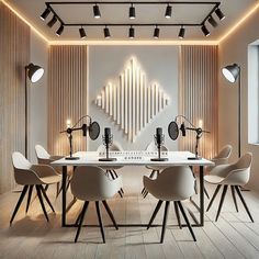 an elegant dining room with modern chairs and lighting