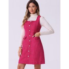 Carefully crafted to enhance your style, this tweed pinafore dress offers a chic and trendy look suitable for various occasions. The sleeveless design provides a touch of elegance, while the square neck adds a unique and flattering shape to the dress. The button-up front detailing adds a classic touch, complementing the A-line silhouette for a feminine and polished appearance. Perfect for layering over blouses or tees, this tweed pinafore dress can be styled with heels or boots to create a fashi Sleeveless Tweed Dress For Winter, Casual Tweed Dress With Button Closure For Work, Pinafore Dress With Buttons For Workwear, Pink A Line Dress, Womens Tweed, Causal Dresses, Pink Prom Dress, Midi Slip Dress, Preppy Outfit