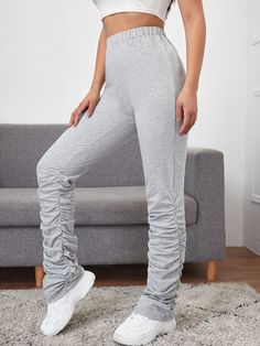 Light Grey  Collar  Cotton Plain  Embellished Non-Stretch All Women Bottoms Stacked Pants, Women Sweatpants, Women's Athletic Wear, Stretchy Pants, Crop Blouse, Sportswear Women, Athletic Wear, Grey Cotton, Grey Fabric